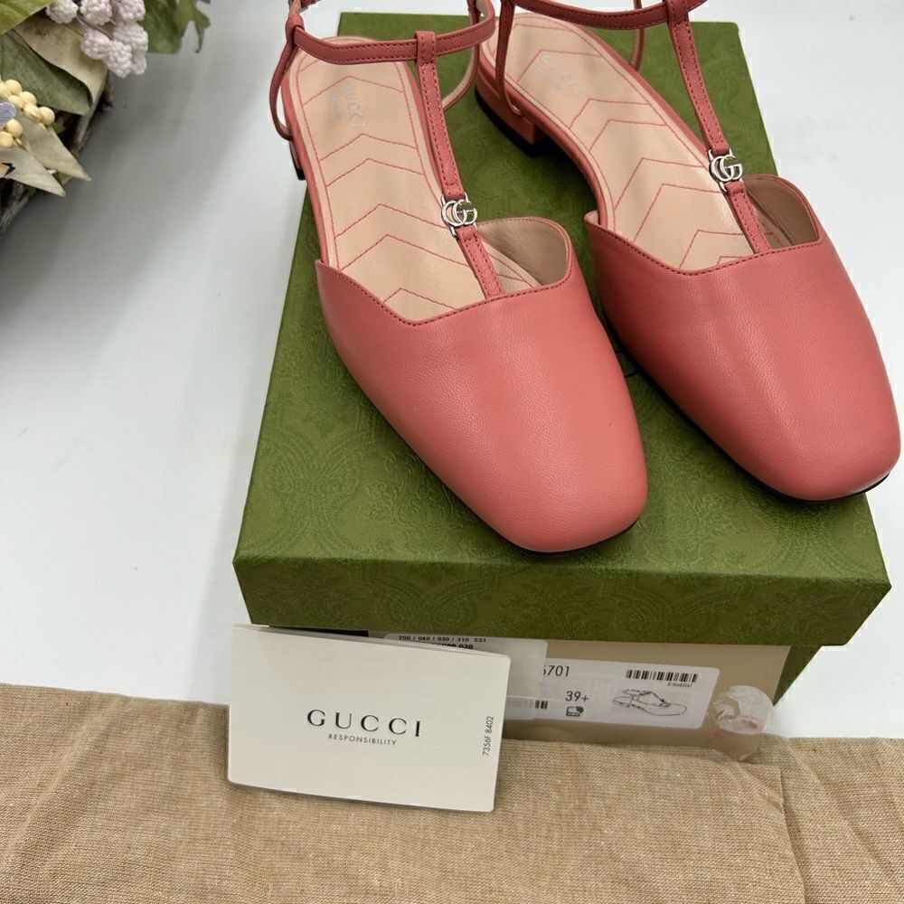 Women’s Gucci,T strap GG pink, leather ballet, flat size 39.5 made in Italy - Picture 5 of 11